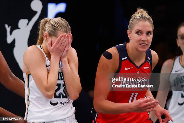 Marine Johannes of the New York Liberty reacts after being hit by Elena Delle Donne of the Washington Mystics during Game Two of Round One of the...