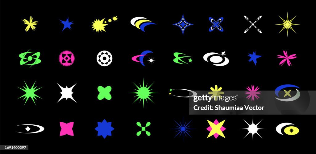 Sparkle, starburst, twinkle, star burst, planets, crescent moon, sun, sunray, sunbeam and sunburst icons set. Y2K design element.