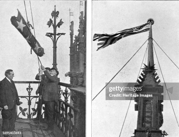 'En L'Honneur de L'Amerique; A Londres, le 20 avril 1917: pour la premiere fois, par un grand acte symbolique, les drapeaux nationaux de...