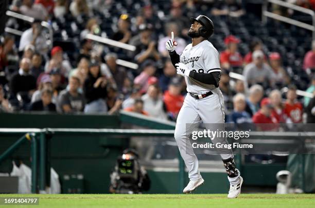 Luis Robert Jr. #88 of the Chicago White Sox celebrates after hitting a home run in the fourth inning against the Washington Nationals at Nationals...