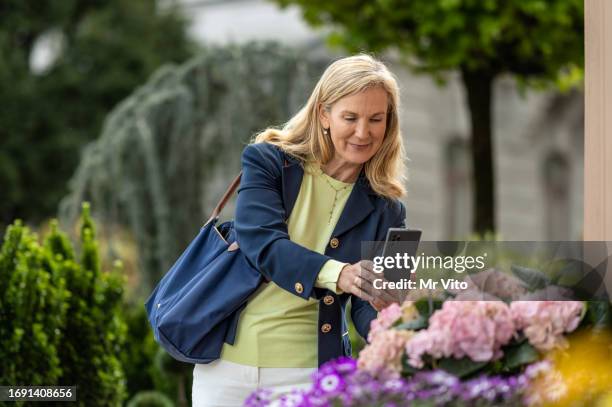 a woman admires the flowers in the city - pink creepers stock pictures, royalty-free photos & images