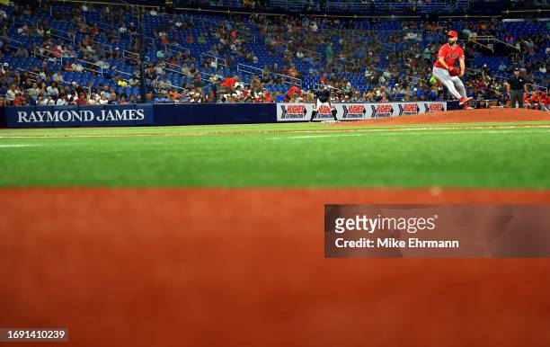 Patrick Sandoval of the Los Angeles Angels pitches during a game against the Tampa Bay Rays at Tropicana Field on September 19, 2023 in St...