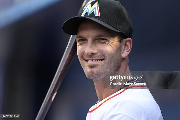 Nick Green of the Miami Marlins looks on before a game against the Cincinnati Reds at Marlins Park on May 15, 2013 in Miami, Florida. The Reds...