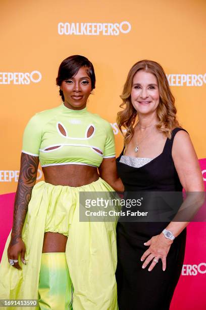 Tiwa Savage and Melinda French Gates attend Goalkeepers 2023: The Global Goals Awards at Jazz at Lincoln Center on September 19, 2023 in New York...