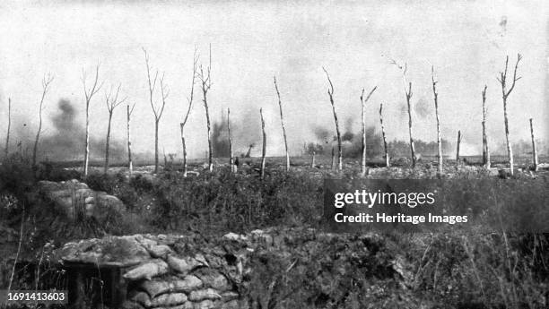 French Attack of July 31, 1917; Artillery preparation on the second German line on the east bank of the Yser canal at Ypres; This view was taken from...