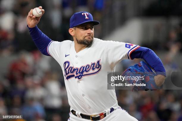 Nathan Eovaldi of the Texas Rangers pitches during the first inning against the Boston Red Sox at Globe Life Field on September 19, 2023 in...