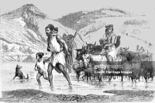 Kabyles fording a stream; The Natives of Algeria, the Kabyle, the Arab, the Moor, and the Jew',1875. From 'Illustrated Travels' by H.W. Bates....