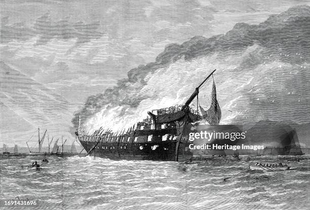 Burning of the training-ship Goliath, 1876. 'The Goliath was a vessel of the Royal Navy, lent by the Admiralty to the Forest-gate district board of...