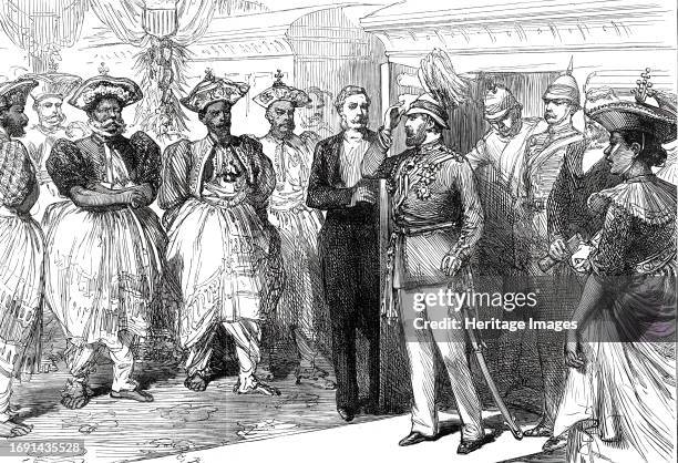 Reception of the Prince at Kandy, Ceylon, 1876. The future King Edward VII meets locals. '...the great Kandyan chiefs...were marvels to behold, and...