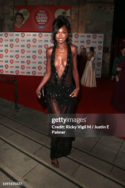 Leomie Anderson seen leaving The Sun's "Who Cares Wins" Awards 2023 at The Roundhouse on September 19, 2023 in London, England.