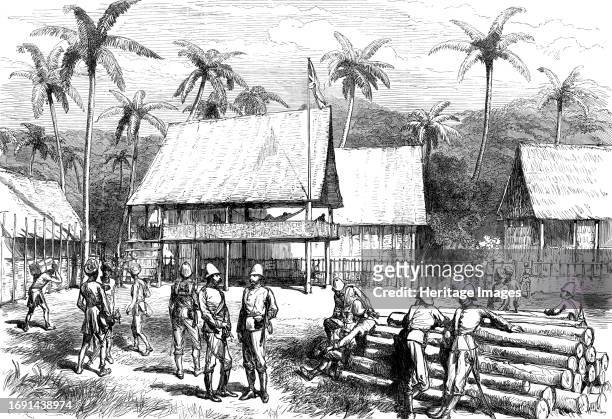 The Expedition against the Malays of Perak: officers' quarters, Campong Boyah, 1876. Engraving after a sketch by Sub-Lieutenant Holme, of a British...