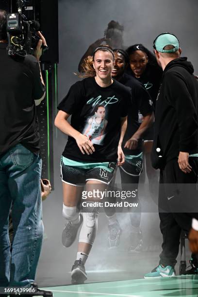 Sabrina Ionescu of the New York Liberty during player introductions before the game against the Connecticut Sun during round two game two of the 2023...