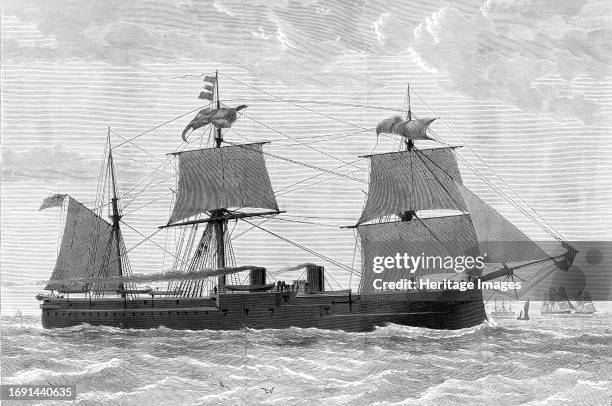 Alexandra, building [ie being built] at Chatham, 1876. Ironclad warship, '...one of the most powerful ships in the Royal Navy. The Alexandra...is now...