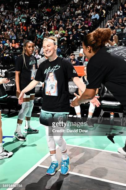 Courtney Vandersloot of the New York Liberty during player introductions before the game against the Connecticut Sun during round two game two of the...