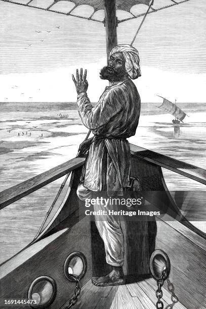 Taking soundings on board a steamer on the Indus, 1876. 'The navigation of this great river, which, below the confluence of the Punjaub "five...