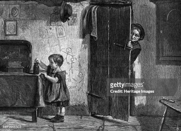 Mural Decorations by A. Stocks, in the exhibition at the Dudley Gallery, 1876. Engraving of a painting. 'An infant genius, a future R.A. It may...