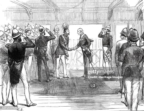 Return of the Prince of Wales from India: the Governor of Bombay taking leave on board the Serapis, from a sketch by one of our special artists,...