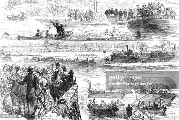 Sketches at the Oxford and Cambridge Boat-Race, 1876. Annual rowing race on the River Thames in London. 'The Crews Returning; Off Chiswick Eyot;...