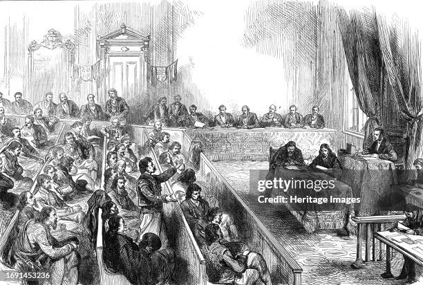 Sitting of the Skouptschina, or Parliament of Servia, 1876. Engraving after a sketch by '...M. Charles Yriarte, the well-known French traveller and...