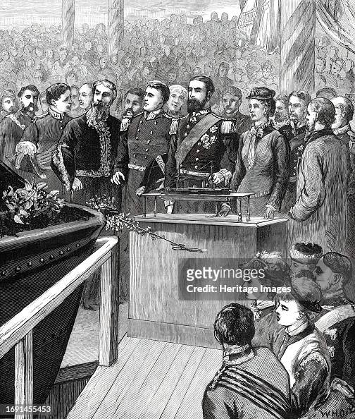 Launch of the Inflexible at Portsmouth...Princess Louise Starting the Ship by Electricity...1876. Creator: W. H. O