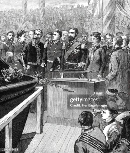 Launch of the Inflexible at Portsmouth Dockyard: Princess Louise Starting the Ship by Electricity, 1876. 'Mr. W. B. Robinson, the chief constructor...