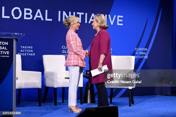 Dana Perino and Former US Secretary of State Hillary Clinton speak onstage during the Clinton Global Initiative September 2023 Meeting at New York...