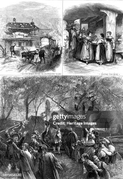 Village Wedding in the Bavarian Highlands, 1876. 'Dowry-Waggon before the Bridegroom's House; Salting the Soup; Marriage Procession...on the eve of...