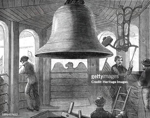 Philadelphia Sketches: in the Belfry, Independence Hall, by one of our special artists, 1876. 'Independence Hall, in Chestnut-street, and Carpenters'...