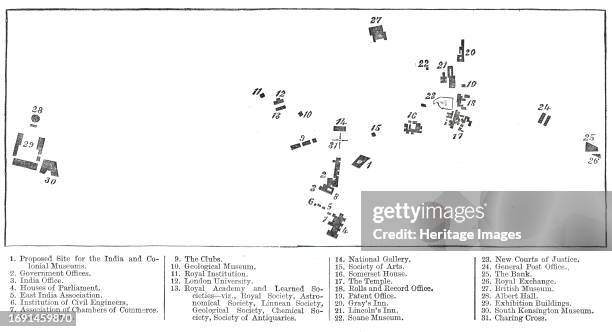 Relative position of the proposed India Museum and other public institutions, 1876. '1. Proposed Site for the India and Colonial Museums; 2....