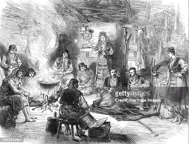 Journey into the Herzegovina: Interior of a Hut at Belovase, 1876. Family life in a typical home: '...where our Special Artist stopped in his journey...