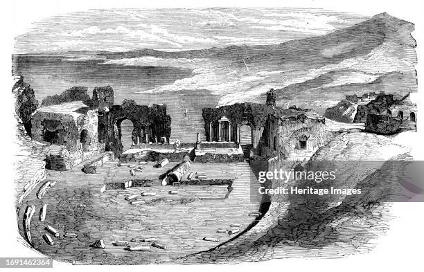 Ruins of a Theatre at Taurominium - Mount Etna in the Distance, 1858. From "Illustrated London News", 1858. Creator: Unknown.