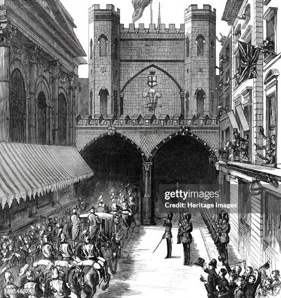 The Royal Visit to the City: Arrival of the Prince and Princess of Wales at Guildhall Yard, 1876. The future King Edward VII and Queen Alexandra...