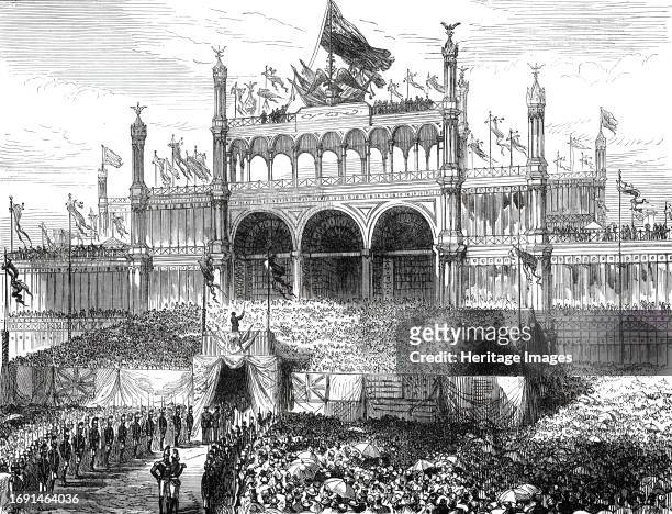Opening of the American Centennial Exhibition: Chorus singing the Centennial Hymn, from a sketch by our special artist, 1876. 'Bishop Matthew Simpson...