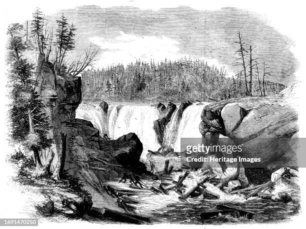 Lumbering in New Brunswick - Driving Logs down the Falls of the St. John, [Canada], 1858. 'The lumbering business is the leading element of wealth in...