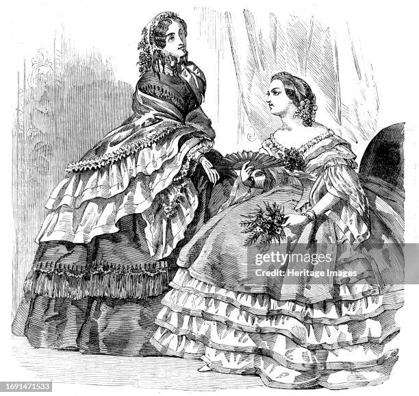 Fashions for August - Promenade or Carriage Costume, and Ball Dress, 1858. 'Dress of very rich Azof-green silk, with two skirts. The upper one is...