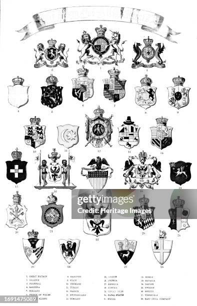 Heraldic crests, 1858. '1. Great Britain; 2. Belgium; 3. Portugal; 4. Sardinia; 5. Holland; 6. Prince of Wales; 7. Prince Albert; 8. Hanover; 9....
