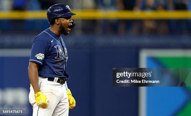 Osleivis Basabe of the Tampa Bay Rays celebrates a two RBI double in the eighth inning during a game against the Los Angeles Angels at Tropicana...