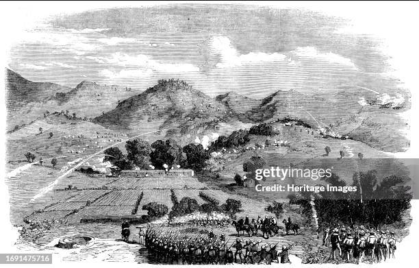 Attack on the "Braves" near the White Cloud Mountain, Canton - sketched by our special artist and correspondent, 1858. British forces attack in...