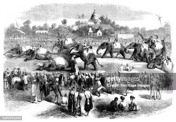 Elephant Steeplechase at Rangoon, 1858. The British entertaining themselves in Burma. 'The officers of the garrison at Rangoon wound up their...
