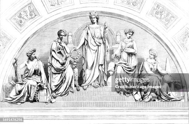 Emblematic Group of Figures, by Mr. John Thomas, over the Principal Entrance of the Leeds Townhall, 1858. Bas-relief by '...Mr. Thomas of London, the...