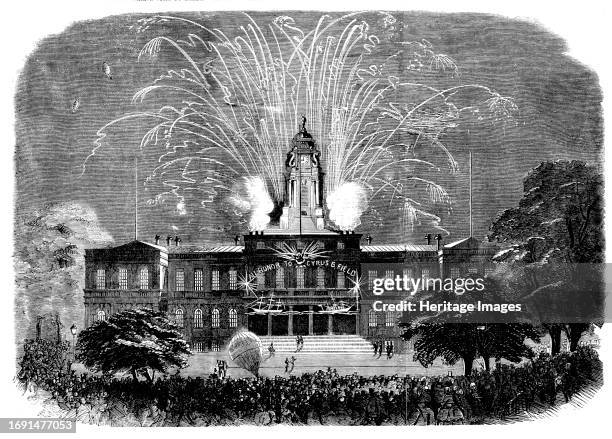 Celebration of the Laying of the Atlantic Telegraph Cable at New York - the Illumination of the City Hall, 1858. Firework display, with inscription:...