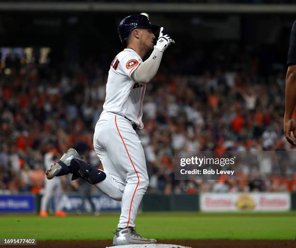 Alex Bregman of the Houston Astros hits a one run home run in the third inning against the Baltimore Orioles at Minute Maid Park on September 19,...