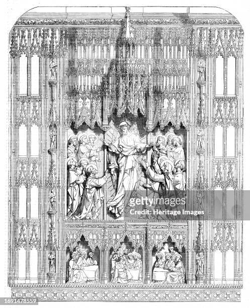 The Reredos in the Cloister of Sherborne Minster, 1858. '...the new and elaborately-sculptured reredos executed for and erected in the choir of...