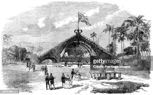 Inauguration of the Ceylon Railway: East End of the Banquet Bungalow, 1858. Engraving from a photograph by Mr. Parting. 'The centre of attraction...