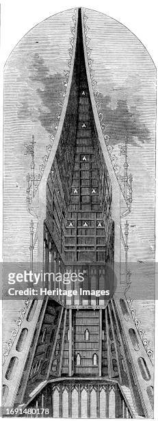 Sectional View of the Clock Tower, 1858. Bell tower housing 'Big Ben' in the Palace of Westminster, London. 'When the bell was raised from the ground...