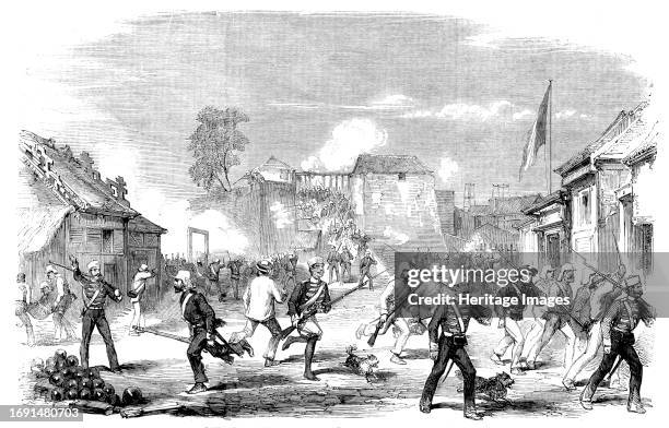 Sketches at Canton - Panic at the Commissariat Stores - "Great Firing and No Execution", 1858. British forces cause havoc in China. Engraving from...