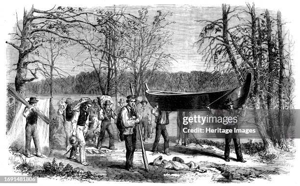 The Assiniboine and Saskatchewan Exploring Expedition - Portaging a Canoe and Baggage, 1858. Engraving from a photograph taken during '...the...