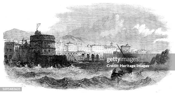 Civita Vecchia, [in Italy], 1858. 'Two piers, formed of massive marble blocks, stretch out from the shore into the blue waters of the Mediterranean,...