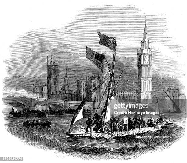 Captain Urquhart experimenting with his Life-Preserving Raft on the Thames, [in London] 1858. 'A craft, attracting attention by its singular...