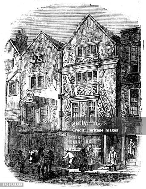 Old Houses, Moorfields, [London], 1858. 'The picturesque ornamentation in the front of the house shown in the Engraving is probably of the date of...